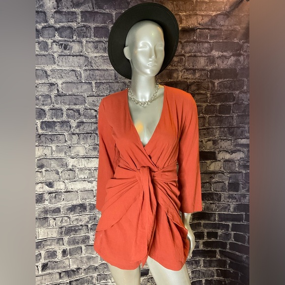 Rust Orange Long Sleeve Wrap Mini Dress - Picture 5 of 6